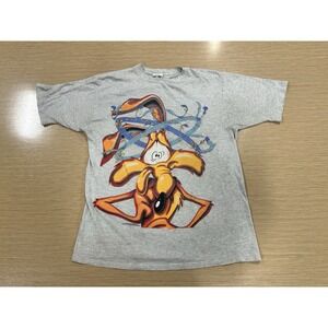 VTG 90s Distressed Looney Tunes Wile E Coyote Road Runner Dizzy Running Gray Tee